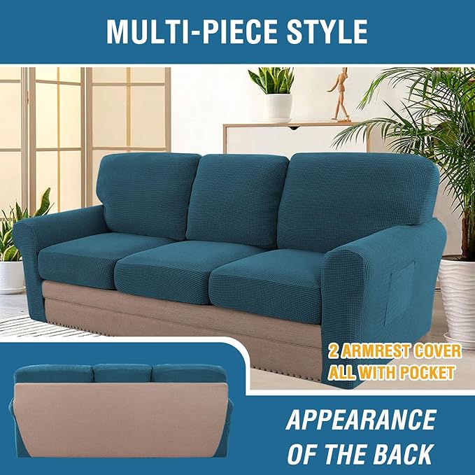 H.VERSAILTEX Multi-Pieces Sofa Covers Stretch Couch Covers Form Fitted Seats and Back Cushions Covers (3 Seat Covers Plus 3 Back Cusion Covers, Bonus 2 Armrest Covers), Deep Teal