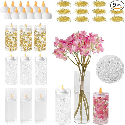 9Pcs Glass Cylinder Vases with Floating Candles for Centerpieces, 1150 Acrylic Fake Ice Cubes 12 Pearl String Vase Filler Floating Candle Holder Centerpieces for Tables Party Event Wedding Home Decor