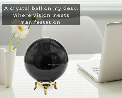 Amazing Gemstone Black Tourmaline Crystal Ball with Stand - 3" Inches Large Crystal Sphere Meditation Balls for Witchcraft and Decorative Balls