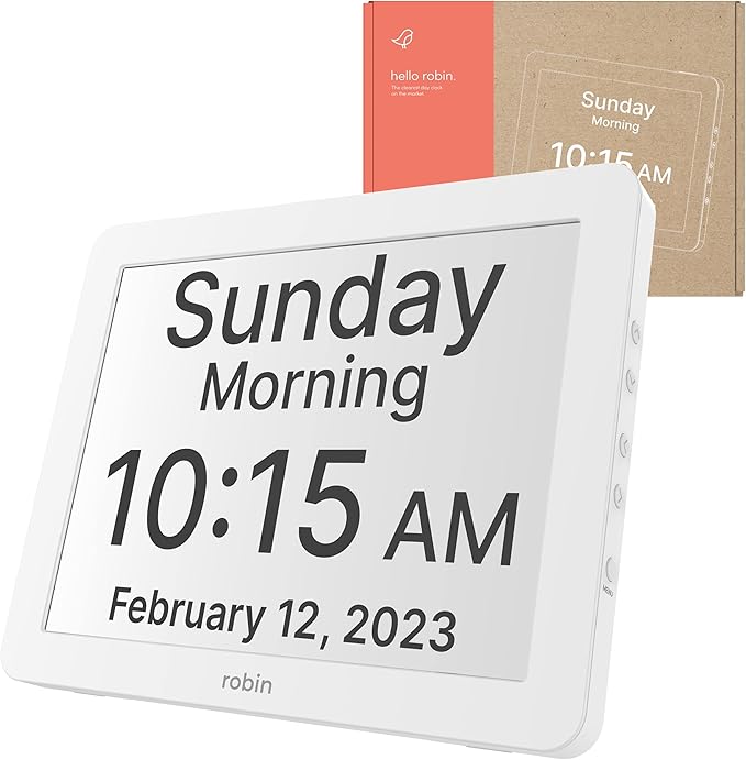 Robin Clock with Day and Date for Elderly, Clocks for Seniors, Dementia Clock, Digital Calendar Clock Elderly Bedside Clocks Seniors Alzheimers Products Dementia Clocks Seniors Extra Large, White 12"