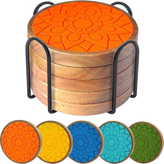 Coasters for Drinks Absorbent 5 Pack, Coasters for Coffee Table with Holder, Non-Slip, Non-Stick, Suit for Kinds of Cups 4.3 inch Colorful