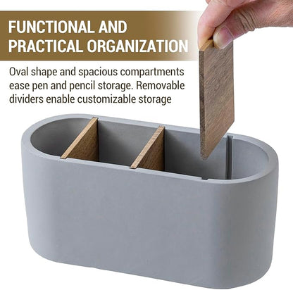 MyGift Pen Holder & Pencil Cup Modern Oval Gray Cement Desktop Office Stationery Organizer with Removable Acacia Wood Dividers