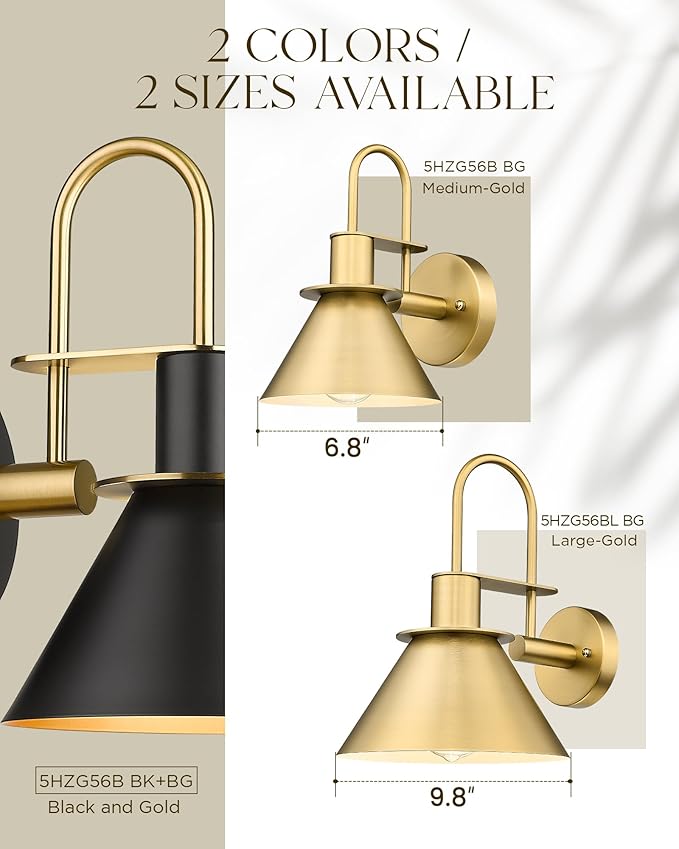 Gold Wall Sconces, HWH Indoor Wall Lights, Vintage Barn Wall Lamp, Brass Wall Sconce Light for Bedroom Living Room Kitchen, Gold Finish, 5HZG56B BG