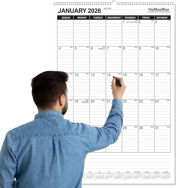 OuMuaMua Extra Large Wall Calendar 2026, 30" X 20" Vertical Jumbo Wall Calendar 2026-2027,18-Month Hanging Planner Wall From 2026 Jan - 2027 Jun with Spiral Bound For School Home Office Organizing