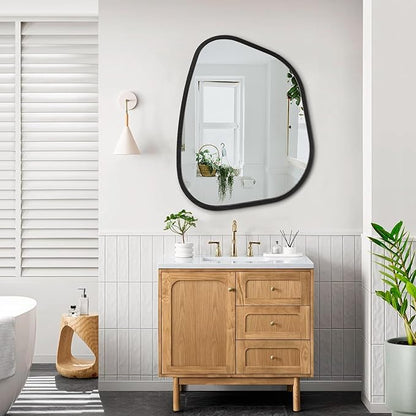 Irregular Bathroom Mirror Modern Oval Wall Mirror Asymmetrical Wooden Framed Wall Mirror Unique Shape Wall Mounted Vanity Artistic Mirror Decor for Living Room Bedroom Entryway Large 26"x18"