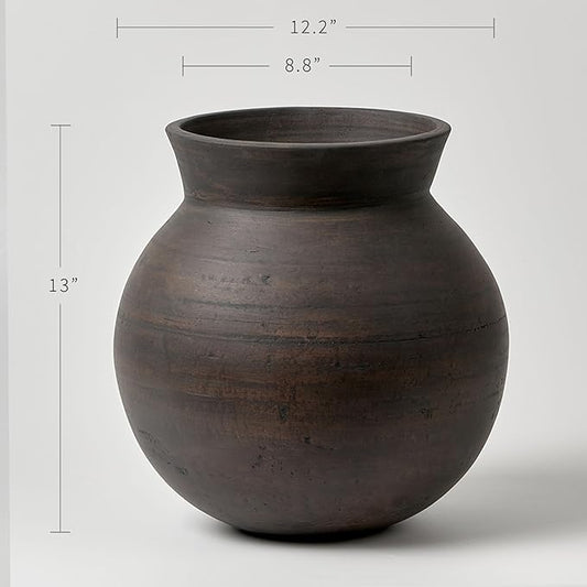 LB2 Brown Ceramic Large Vase, 13" Tall Zen Style vase, Terra Cotta Pitcher, Distressed Farmhouse Decor, Pottery Decorative Flower for Home Decor
