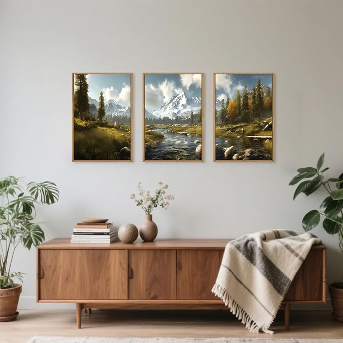 Large Watercolor Snow Mountain Framed Canvas Wall Art,Modern River Grassland Wall Decor,Natural Green Forest Artwork,Neutral Wood Landscape Art Print for Living Room,Bedroom,Office- 16"x24"x3