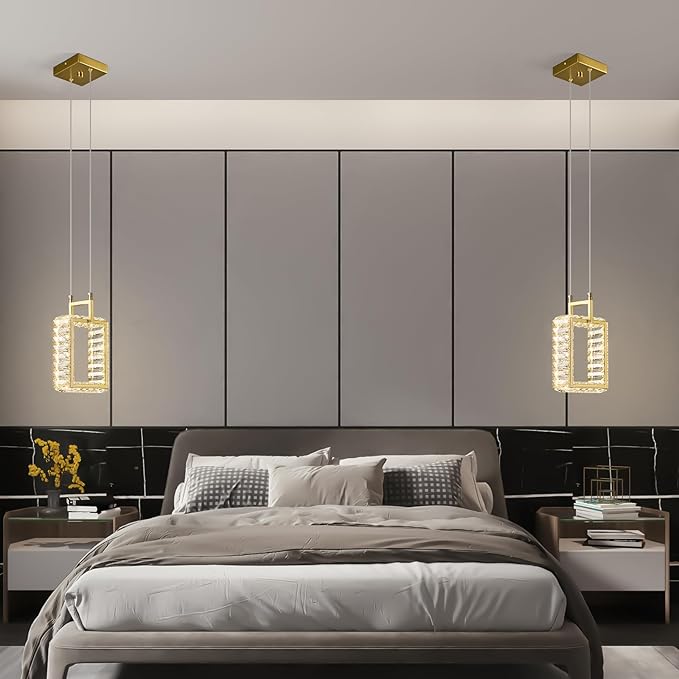 Kitchen Island Mini Light Fixture Modern Led Crystal Pendant Light Gold Rectangle Chandelier for Dining Room Living Room Kitchen Bedroom Bar（1-Pack）