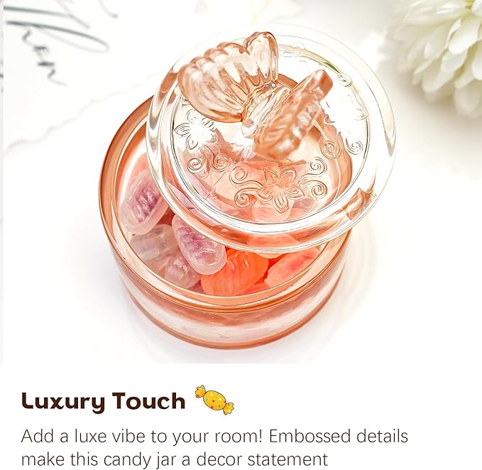 kanpura Embossed Glass Candy Dish with Lid Covered Candy Dish Decorative Glass Jars Jewelry Box for Christmas Party Buffet Decorative(Pink Coffee)