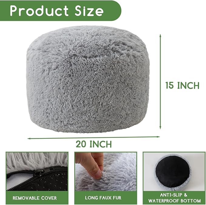 HIGOGOGO Round Stuffed Pouf Ottoman, Long Faux Fur Poufs with Foam Chunk Filling, Fluffy and Furry Pouf Foot Stool Storage Ottoman, 20 X 15 Floor Poufs Foot Rest for Living Room, Grey