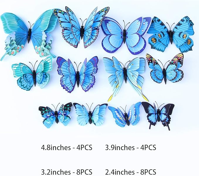 Somotersea 24Pcs 3D Butterfly Wall Decor - Removable Butterfly Decoration for Girls Room & Birthday Party - Blue