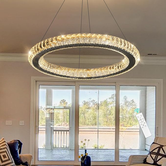LED Chandelier Modern Dimmable Dining Room Chanderliers Entryway Crystal Ring Pendant Lights for Kitchen Bedroom Living Room Black Light