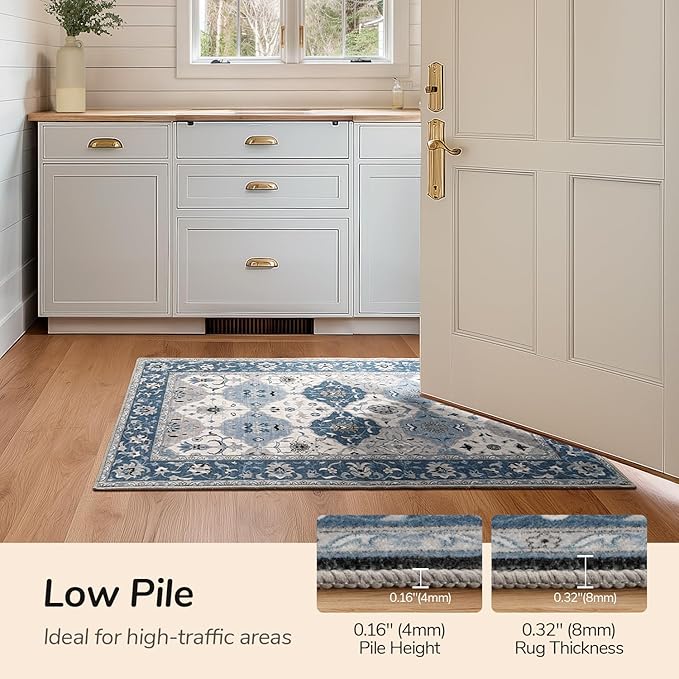 Lessymo Moroccan Washable Rugs for Entryway, Faux Wool 2x3 Small Area Rug for Kitchen Bathroom Corridor - Non-Slip Indoor Door Mat Low Plie Stain Resistant Boho Runner Rug, Muted Blue and Gray