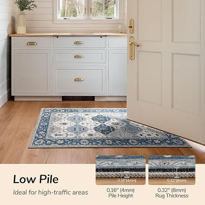 Lessymo Moroccan Washable Rugs for Entryway, Faux Wool 2x3 Small Area Rug for Kitchen Bathroom Corridor - Non-Slip Indoor Door Mat Low Plie Stain Resistant Boho Runner Rug, Muted Blue and Gray