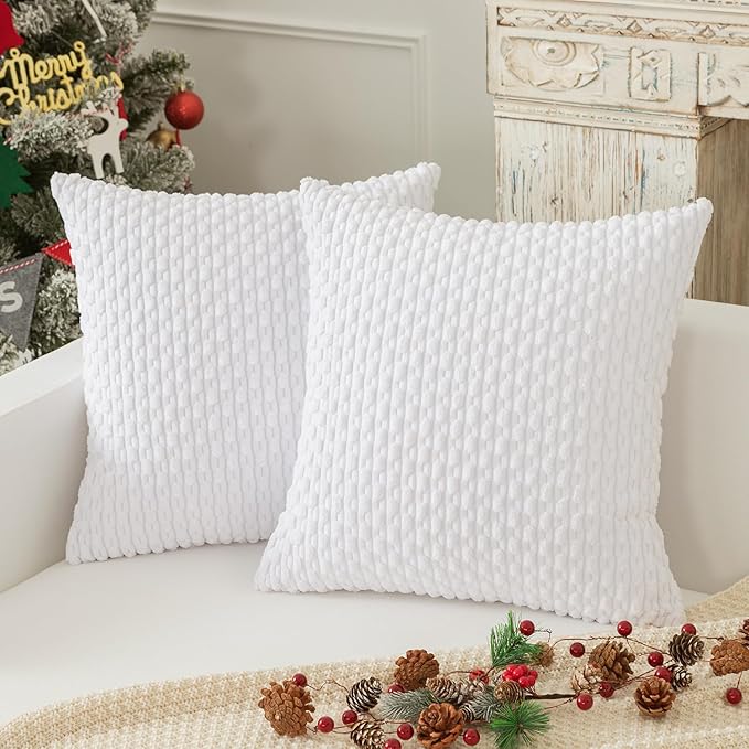 Kevin Textile Set of 2 Decorative Pillow Cover Solid Striped Corduroy Plush Velvet Cushion Cover for Couch Machine Washable Pillowcase 50cm 20 x 20 Inch Pure White