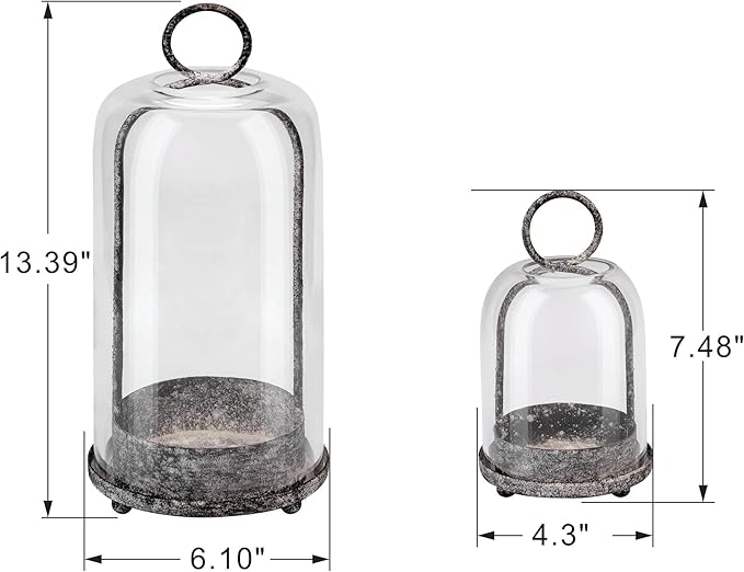 6" & 4" Wide Versatile Modern Metal Hurricane Lantern with Handmade Sturdy Glass Dome in Shabby Black for Pillar Candle & Plants, Industrial, Farmhouse, Shabby Chic (Black Shabby, 4"x7.5" &6.3"x11.2")