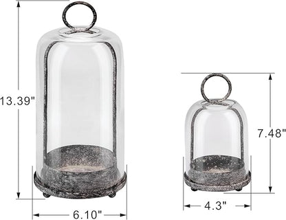 6" & 4" Wide Versatile Modern Metal Hurricane Lantern with Handmade Sturdy Glass Dome in Shabby Black for Pillar Candle & Plants, Industrial, Farmhouse, Shabby Chic (Black Shabby, 4"x7.5" &6.3"x11.2")
