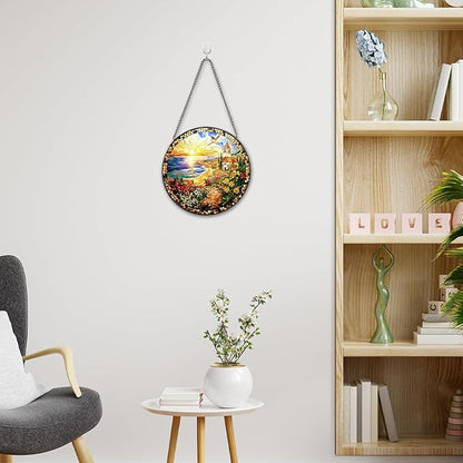 Country Stained Glass Window Hanging, 7.8" Round Sun Catcher Hand Painted Wall Art Decor with Chain, Unique Housewarming Gifts for Couples, Home