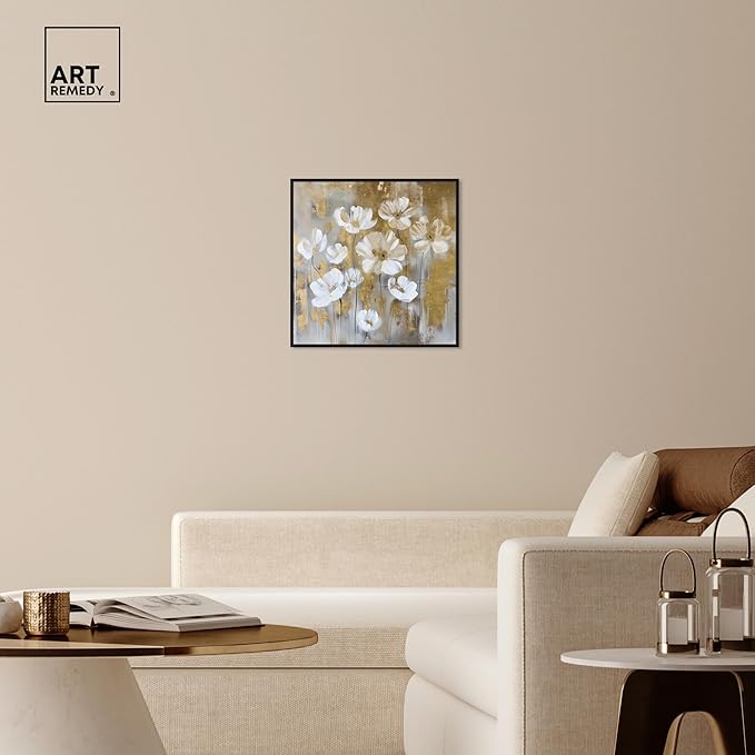 Art Remedy Golden Daisies Canvas Elegant White Gold Wall Art, Black Frame, 24" x 24"
