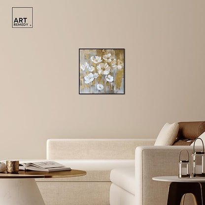 Art Remedy Golden Daisies Canvas Elegant White Gold Wall Art, Black Frame, 24" x 24"