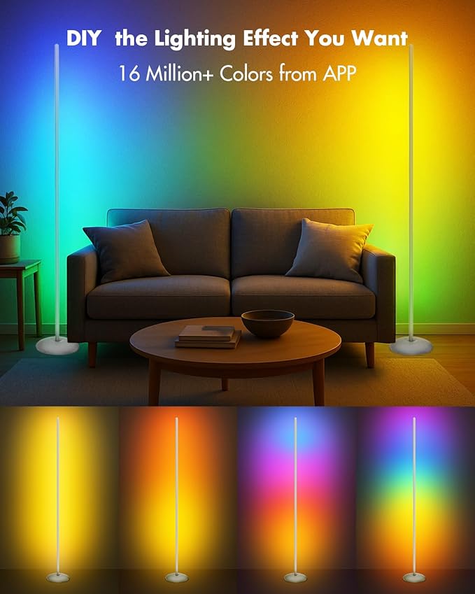 Corner Floor Lamp Silver, Smart RGB LED Corner Lamp with App & Remote, Modern Floor Lamp for Living Room, Bedroom, Color Changing Standing Lamps with 16 Million Colors, Scene Modes, Music Sync