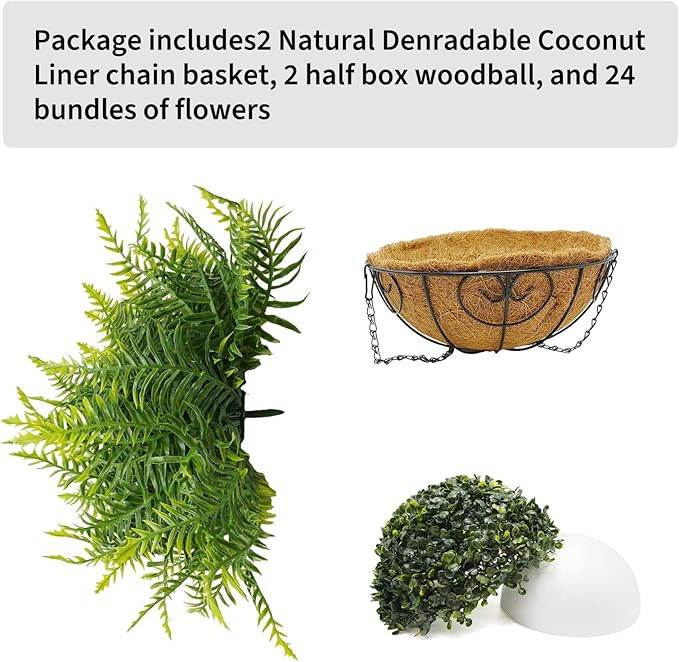 Towallmark Hanging Planters with Plant Hangers 2-Pack Artificial Green Fern 25CM Straight Coconut Fiber Baskets with Sturdy Iron Hanging Chains