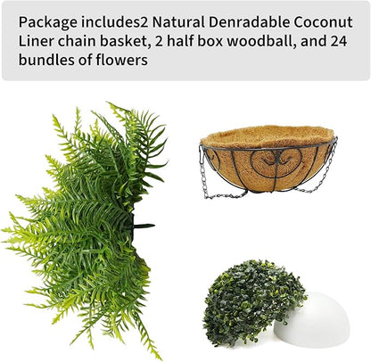 Towallmark Hanging Planters with Plant Hangers 2-Pack Artificial Green Fern 25CM Straight Coconut Fiber Baskets with Sturdy Iron Hanging Chains