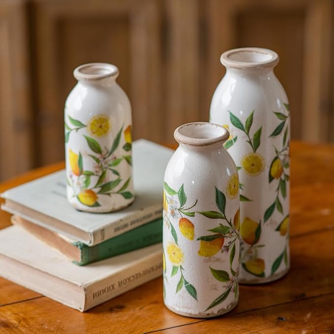 Teweiqi Vintage Vase Set of 3, Ceramic Flower Vases Decor, Rustic Farmhouse Vases Retro Decorative Vases, for Home Living Room Kitchen Table Mantle Shelf Decor - Lemon