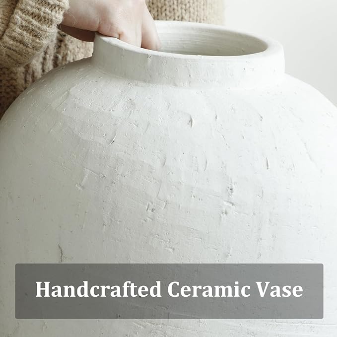 Large Ceramic Vase, 11" Rustic Farmhouse Terracotta Vase for Home Decor, Handicraft Decorative Flower Vase for Living Room, Table Centerpiece, Bedroom (Rustic White)