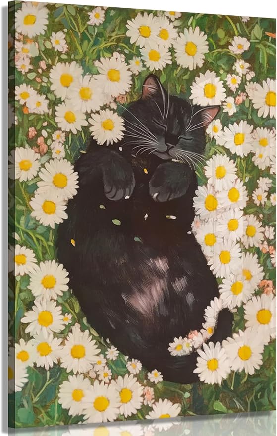 White Daisies and Fat Black Cat Canvas Wall Art Wildflowers Black Cat Poster Print Wall Decor Painting Funny Cat Abstract Farmhouse Aesthetic artwork for Bedroom Bathroom Home Decoration 16x24in