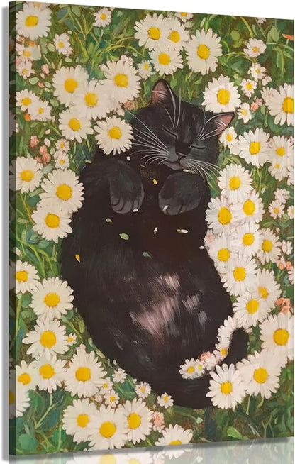 White Daisies and Fat Black Cat Canvas Wall Art Wildflowers Black Cat Poster Print Wall Decor Painting Funny Cat Abstract Farmhouse Aesthetic artwork for Bedroom Bathroom Home Decoration 16x24in