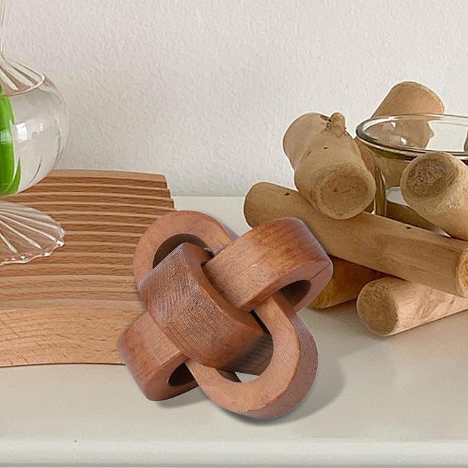 Wood Knot Decor 3.7 Inch 3-Link Modern Boho Wood Chain Link Decor Decorative Chain Knot for Coffee Table Entryway Living Room Bedroom Farmhouse Shelf Walnut Color