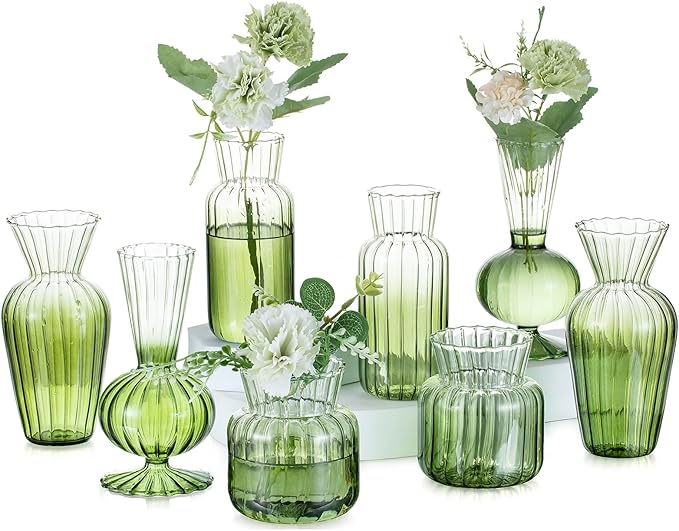 Glasseam Glass Bud Vase for Flowers: Green Small Vases for Centerpieces Modern Handmade Mini Vase for Wedding Party Table Home Decor Unique Decorative Ribbed Flower Vase Set of 8