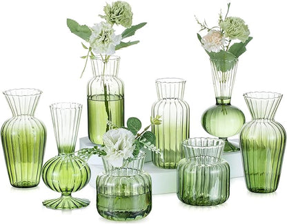 Glasseam Glass Bud Vase for Flowers: Green Small Vases for Centerpieces Modern Handmade Mini Vase for Wedding Party Table Home Decor Unique Decorative Ribbed Flower Vase Set of 8