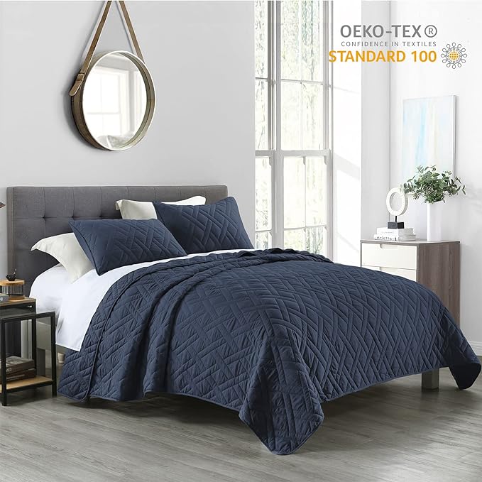HORIMOTE HOME Quilt Set King Size Navy Blue, Classic Geometric Diamond Stitched Pattern, Ultra Soft Lightweight Bedspread Coverlet for All Season 3 Pieces(1 Quilt and 2 Pillow Shams)