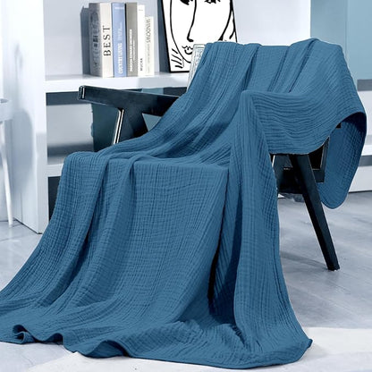 Yoofoss Muslin Blanket 100% Organic Cotton Large Twin Size 60" x 80" for Bed Couch Summer Gauze Blanket for Adults Lightweight and Breathable Dark Blue