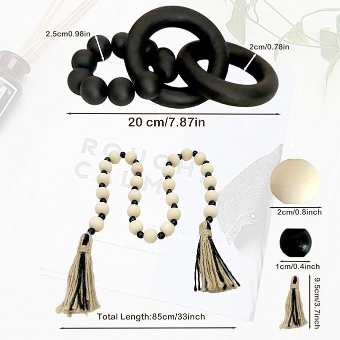 2 pcs Decorative Wood Knot Link Chain and Bead Decor, Black Wooden Knot Decor for Coffee Table Farmhouse Decortive for Home Boho Modern Shelf Decortion(Black)