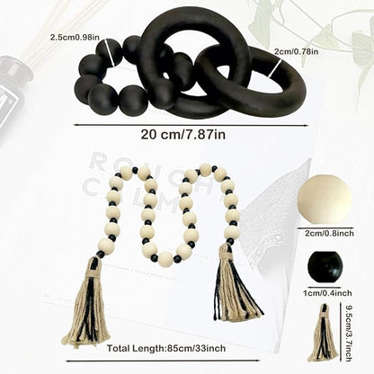 2 pcs Decorative Wood Knot Link Chain and Bead Decor, Black Wooden Knot Decor for Coffee Table Farmhouse Decortive for Home Boho Modern Shelf Decortion(Black)