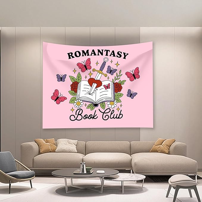 Romantasy Book Club Tapestry - Fantasy Books Library Tapestries, Pink Magical Document Tapestrys, Cute Aesthetic Fairy Tapestries Wall Hanging, Beach Throws Table Cloth Bedding Tapestry - 50 x 60 Inches
