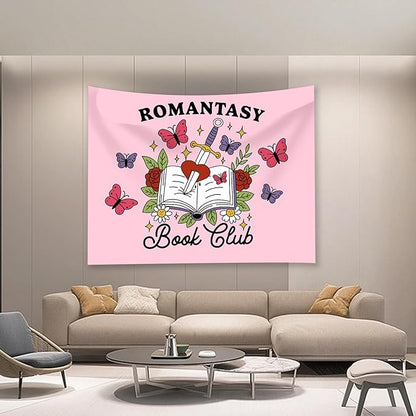 Romantasy Book Club Tapestry - Fantasy Books Library Tapestries, Pink Magical Document Tapestrys, Cute Aesthetic Fairy Tapestries Wall Hanging, Beach Throws Table Cloth Bedding Tapestry - 50 x 60 Inches