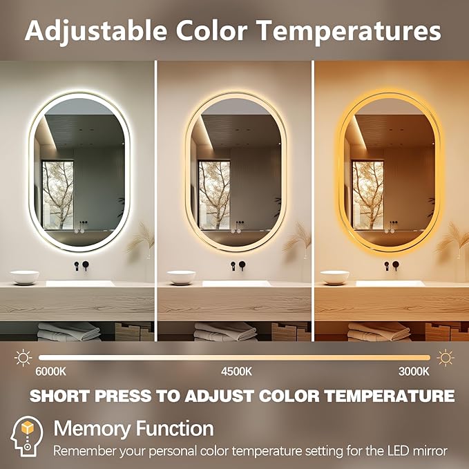 Niccy Oval LED Mirror for Bathroom, 48x30 Front Lit + Backlit Vanity Mirrors with Light Anti-Fog, Shatter-Proof, 3 Colors, Makeup Mirror with Old Gold Frame (Horizontal/Vertical)