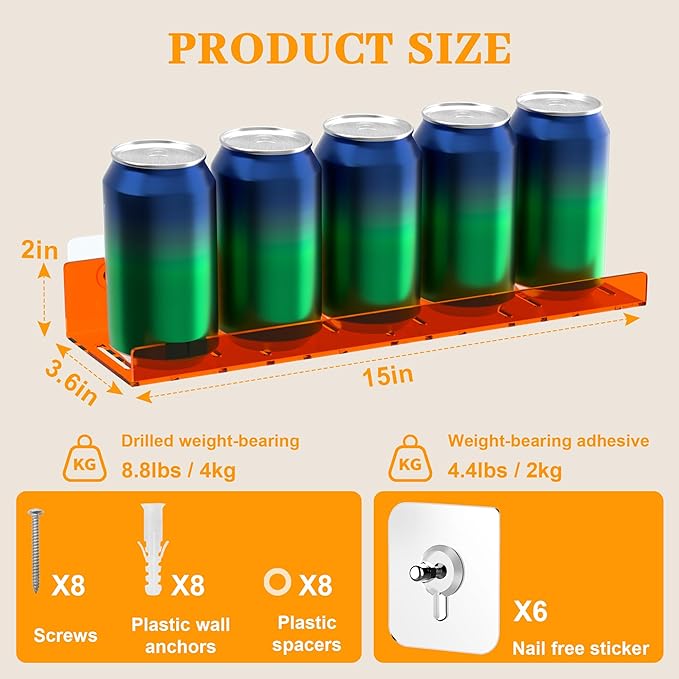 LAZYROSY 2 Pack Floating Shelves– 15'' Orange Acrylic/PET Wall-Mounted No Drill Storage with Adhesive, Bathroom & Bedroom Shelving for Kitchen, Living Room, Home Decor