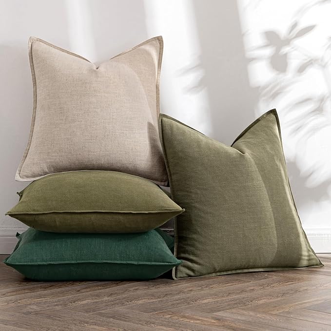 MIULEE Neutral Green Linen Pillow Covers Pack of 4 Decorative Natural Throw Pillow Covers Soft Accent Boho Farmhouse Couch Pillowcases Modern Spring Home Decors for Living Room Bed Sofa 24x24 Inch