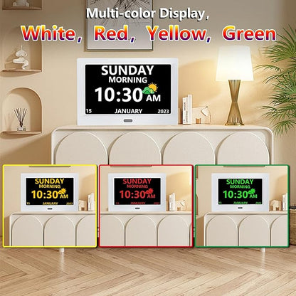 10 Inch Clock with Day and Date for Elderly Large Display Digital Clocks 12 Alarm 3 Display Modes Large Font Alzheimer's Clock Alarm Clocks for Seniors Auto DST 10in White