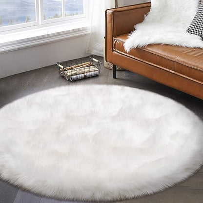 Tangsoo White Round Faux Fur Rugs, Sheepskin Round 3ft Soft Small Circle Rugs, 3x3 Fuzzy Plush Fur Rug, Shag Circular Rug Floor Carpet for Bedroom Kids Room, Nursery, Girls Room, Dorm
