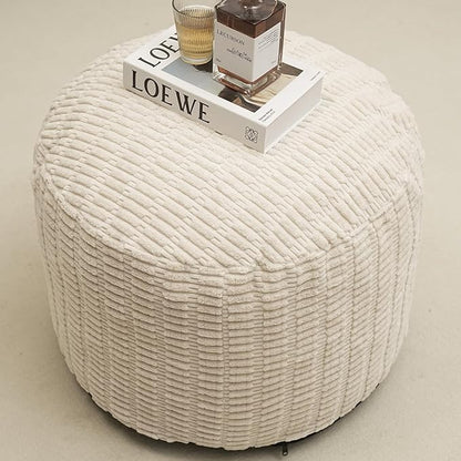 Round Stuffed Pouf Ottoman for Foot Rest, Storage Ottoman Pouf Foot Stool Cushion, Faux Fur Poufs with Foam Chunk Filling, 20 X 15 Inch Floor Chair for Living Room Bedroom Home Decor, Beige