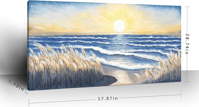 Large Canvas Wall Art for Living Room Blue Ocean Beach Sunset Sea Waves Nature Landscape Seascape Painting Seaside Reeds Pictures Seashore Coastal Serene Artwork for Home Lake Bedroom Office 60x30inch