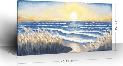 Large Canvas Wall Art for Living Room Blue Ocean Beach Sunset Sea Waves Nature Landscape Seascape Painting Seaside Reeds Pictures Seashore Coastal Serene Artwork for Home Lake Bedroom Office 60x30inch