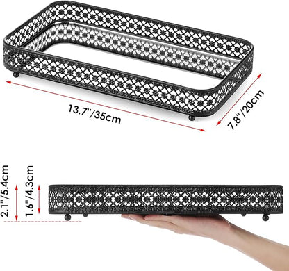 ELLDOO Black Perfume & Makeup Vanity Tray - Hollow-Carved Jewelry Storage, Glass & Metal Trinket Organizer for Dresser & Bathroom Countertop, Large Size