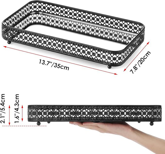 ELLDOO Black Perfume & Makeup Vanity Tray - Hollow-Carved Jewelry Storage, Glass & Metal Trinket Organizer for Dresser & Bathroom Countertop, Large Size